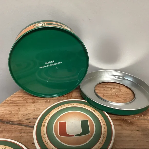 🟢 Miami Hurricanes College Football Ceramic Coaster Set in Metal Tin - Rare - Picture 12 of 16